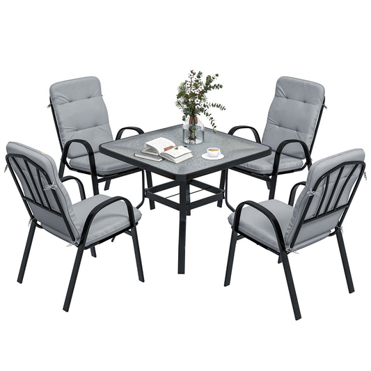 Garden Dining Set, Glass Table w/ Umbrella Hole Grey