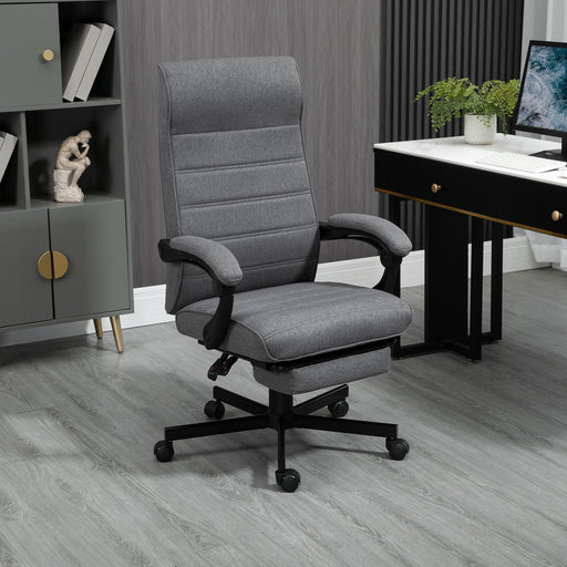 High-Back Home Office Chair, Linen Swivel Reclining Chair with Adjustable Height, Footrest and Padded Armrest for Living Room, Study, Grey