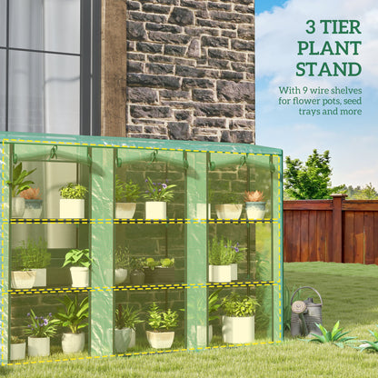 3 Tier Lean-to Mini Greenhouse with Reinforced PE Cover, Portable Indoor Outdoor Green House with 3 Roll-up Doors and 9 Wire Shelves, 151H x 215W x 46D cm, Green