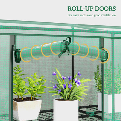 3 Tier Lean-to Mini Greenhouse with Reinforced PE Cover, Portable Indoor Outdoor Green House with 3 Roll-up Doors and 9 Wire Shelves, 151H x 215W x 46D cm, Green
