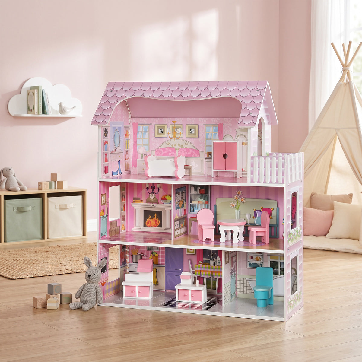3-Storey Dolls' House with LED Lighting and 8 Furniture Pieces - Pink