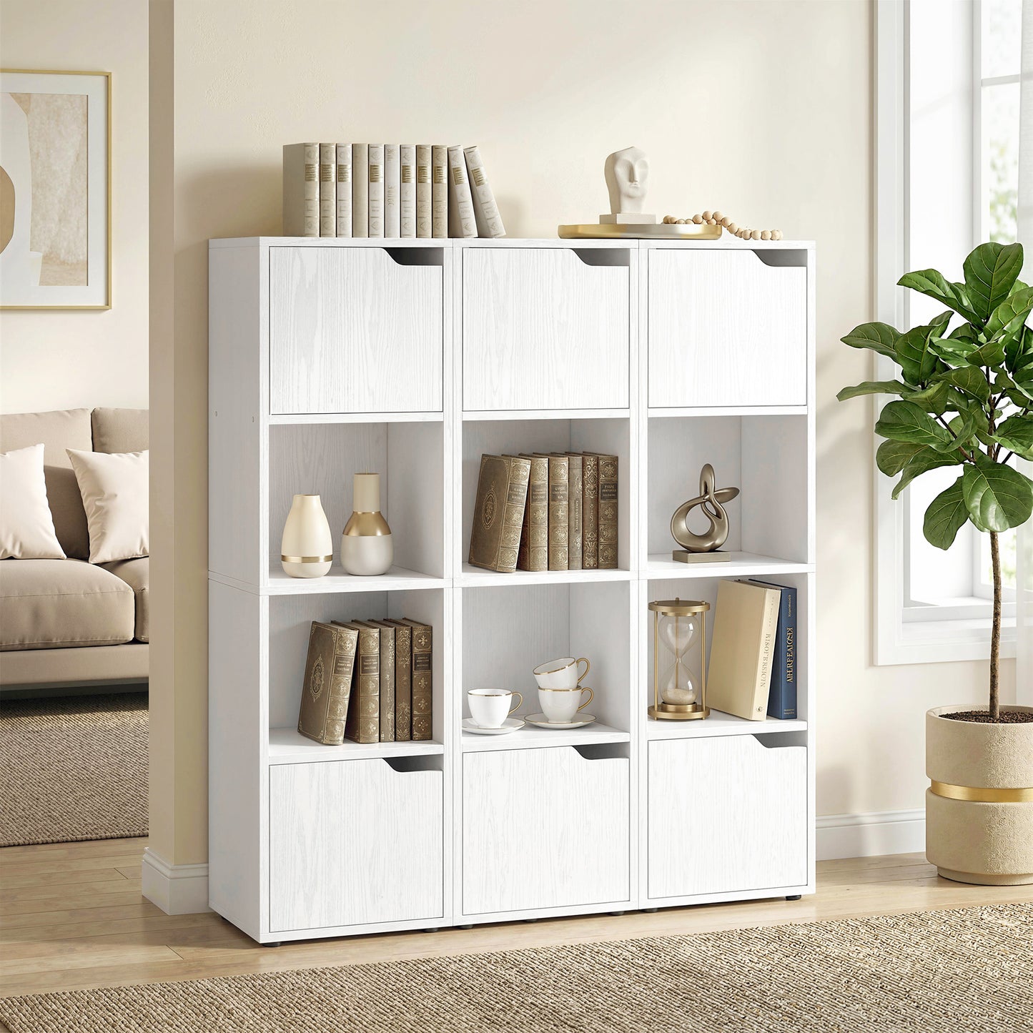Bookcase with 2 Cabinets and Doors, 4-Tier Bookshelf, Storage Cabinet with Open Shelves and Anti-Tipping Design, for Living Room, Bedroom, Home Office, White