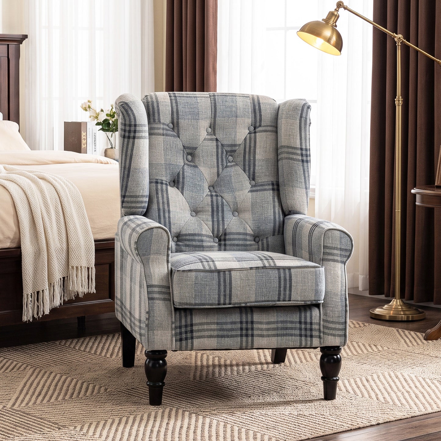 Accent Chair Wingback Armchair Retro Tufted Club Wood Fabric, Mixed