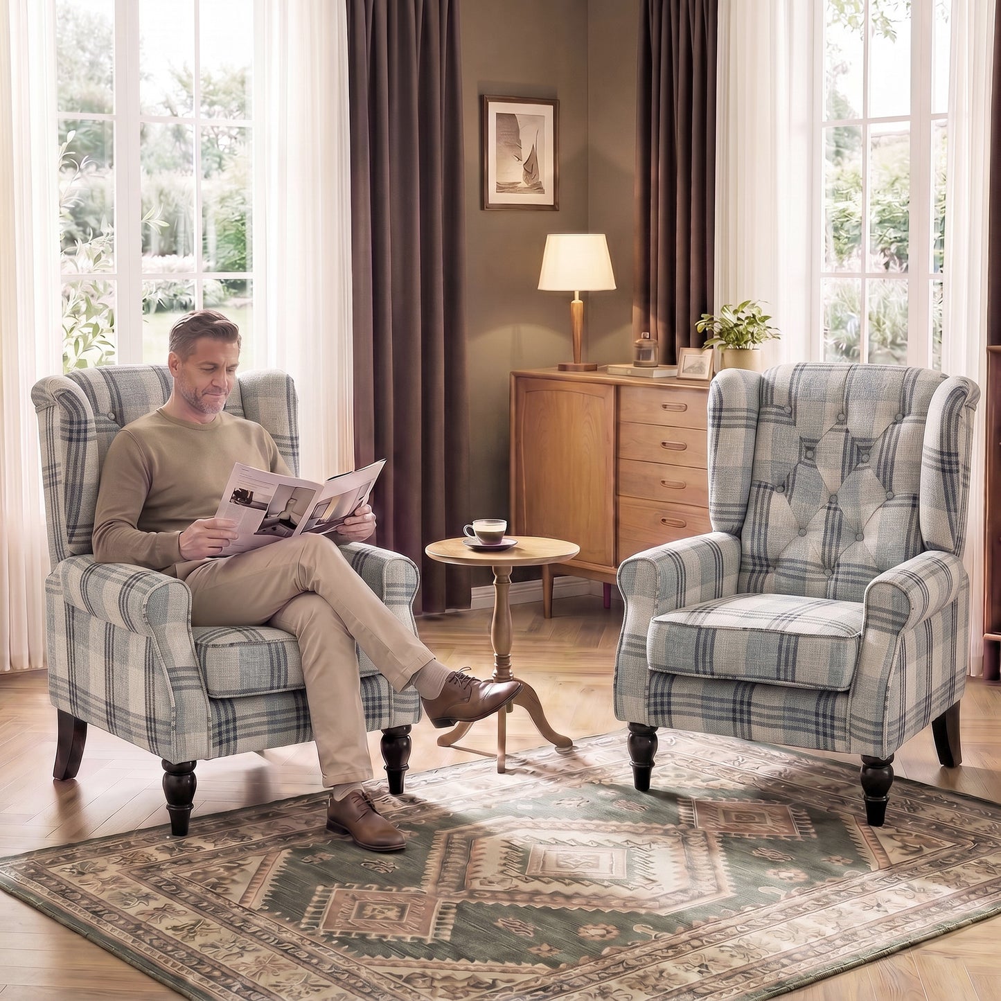 Accent Chair Wingback Armchair Retro Tufted Club Wood Fabric, Mixed