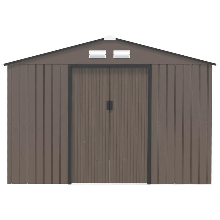 9 x 6FT Garden Metal Storage Shed Outdoor Storage Shed with Foundation Ventilation & Doors, Brown