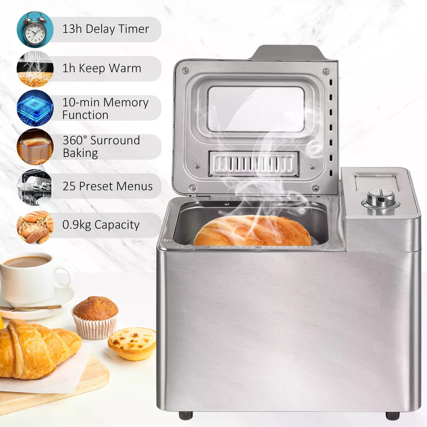 25 in 1 Bread Machine 0.9 KG Capacity Programmable Stainless Steel Dough Maker with Auto Fruit Nut Dispenser Nonstick Pan 3 Loaf Sizes, 550W