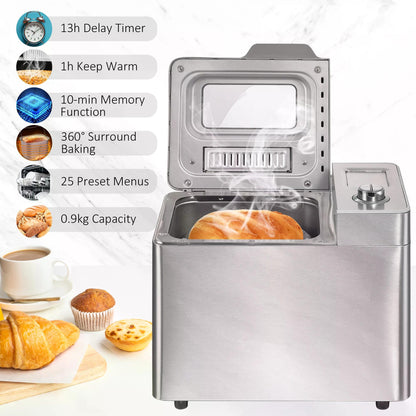 25 in 1 Bread Machine 0.9 KG Capacity Programmable Stainless Steel Dough Maker with Auto Fruit Nut Dispenser Nonstick Pan 3 Loaf Sizes, 550W