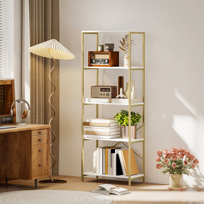 Modern Bookshelf, Freestanding Bookcase, White and Gold Tone