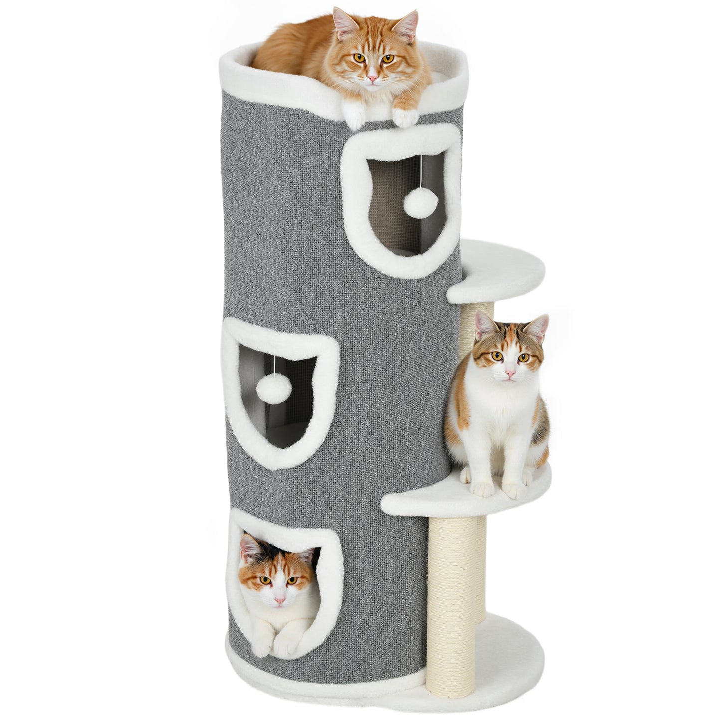 101 cm Cat Tree, 3-Tier Cat Barrel Cave Kitten Bed for Indoor, Kitty Tower House with 3 Condos, Sisal Scratching Posts, Jumping Platform, Grey