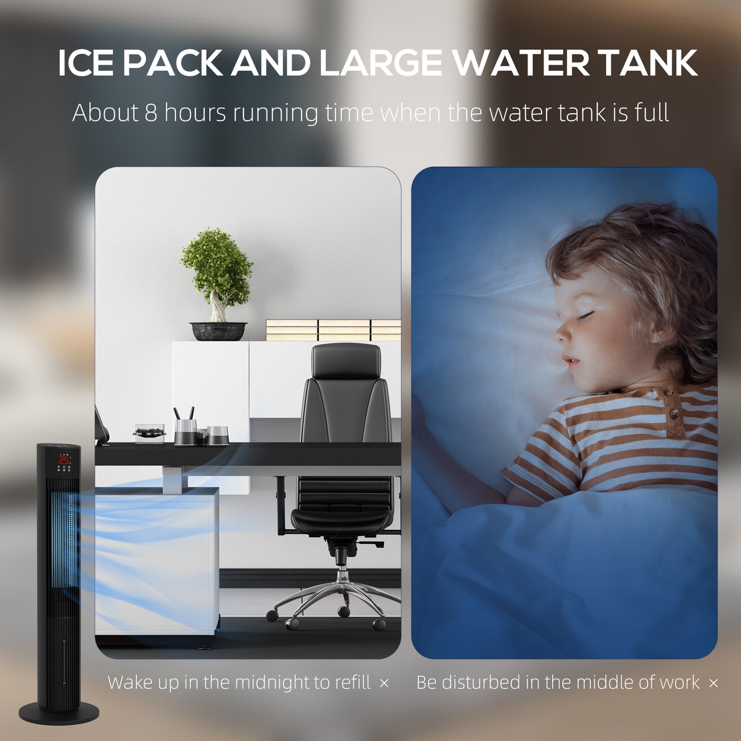 Oscillating Tower Fan Cooling with Ice Pack, Water Tank, Children Lock