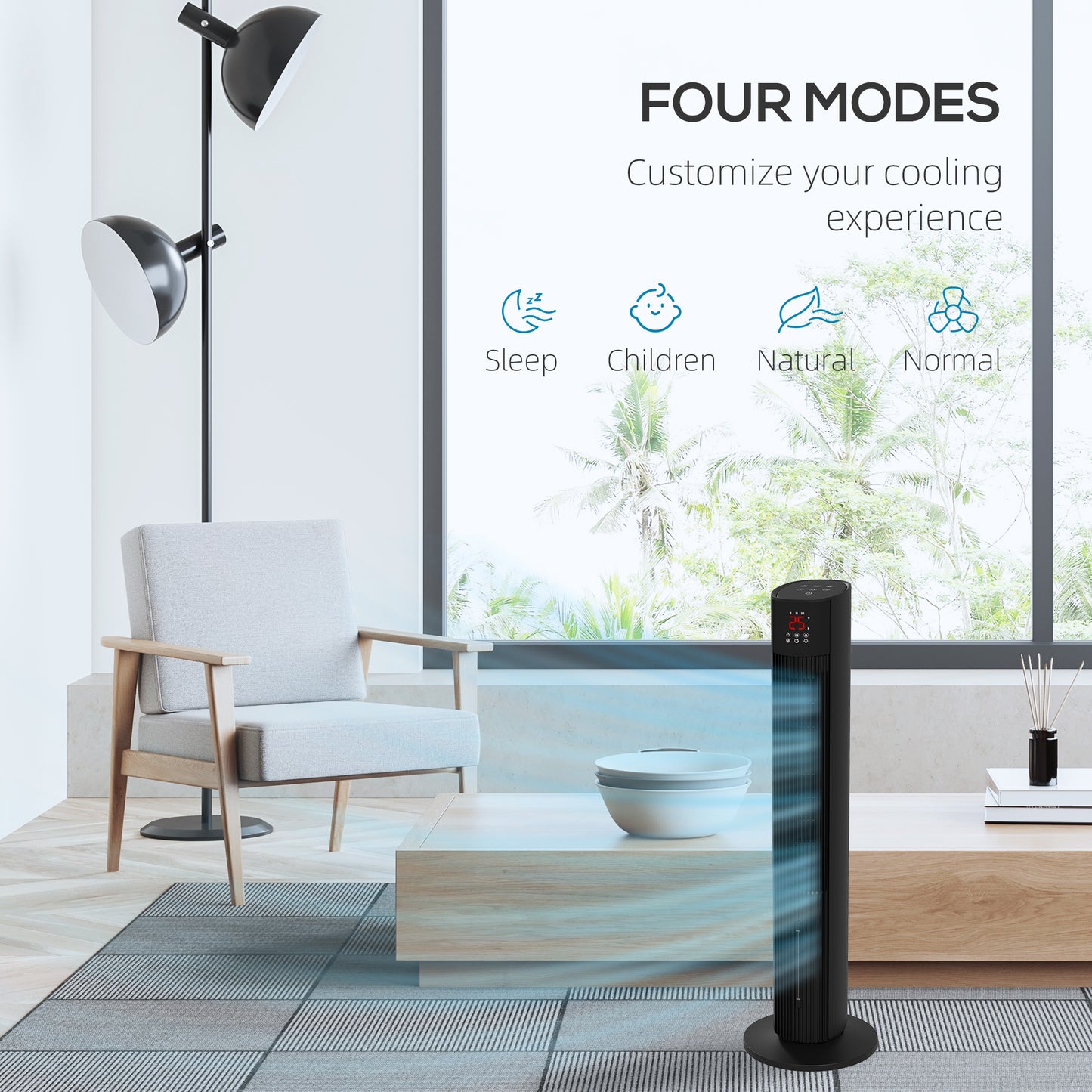 Oscillating Tower Fan Cooling with Ice Pack, Water Tank, Children Lock