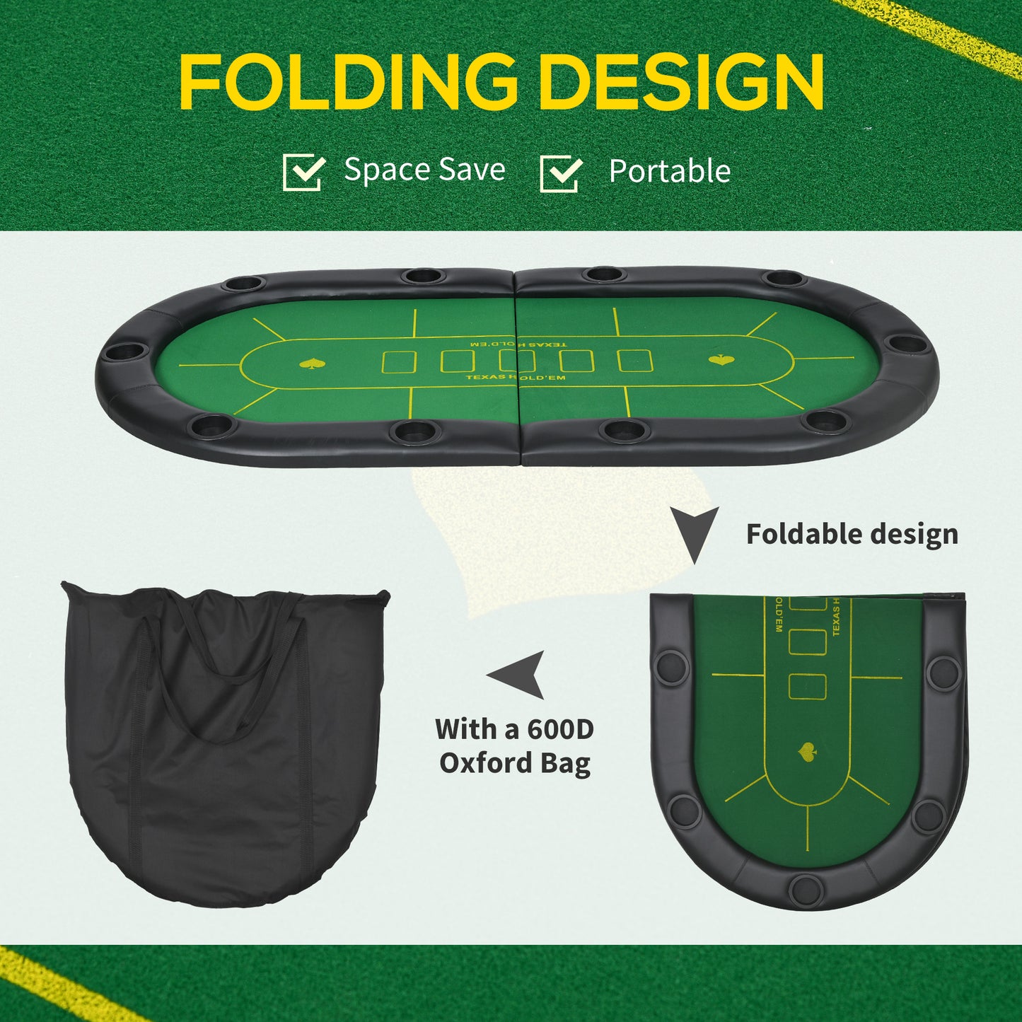 Foldable Poker Mat for 10 Players, Oval Poker Table Top with Cup Holders, Portable Poker Table Cloth with Carrying Bag, 180 x 90cm - Green