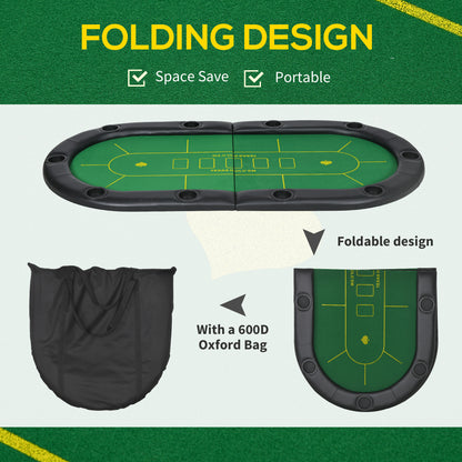 Foldable Poker Mat for 10 Players, Oval Poker Table Top with Cup Holders, Portable Poker Table Cloth with Carrying Bag, 180 x 90cm - Green