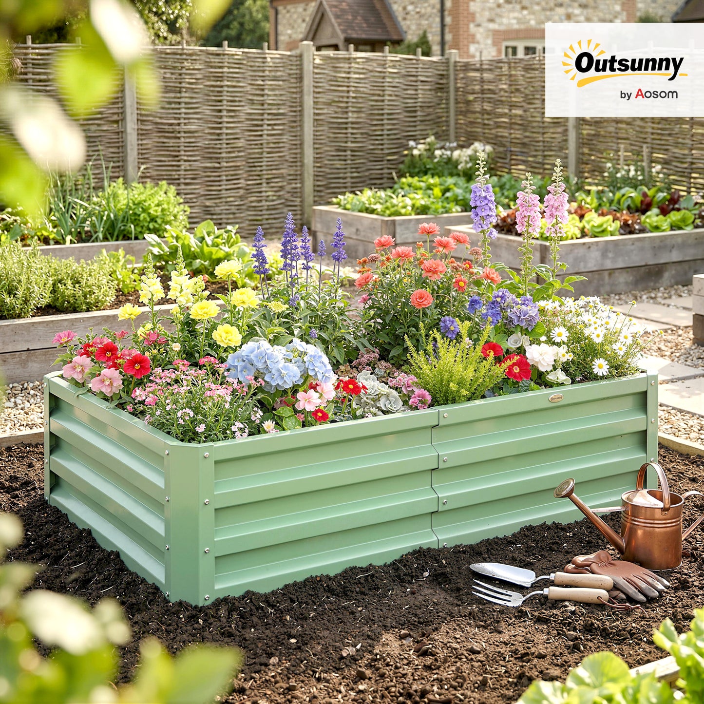 216L Raised Garden Bed, Galvanised Planter Box Outdoor with Open Bottom, Metal Raised Garden Bed Kit for Vegetables, Flowers and Herbs, 120 x 60 x 30.5cm, Light Green
