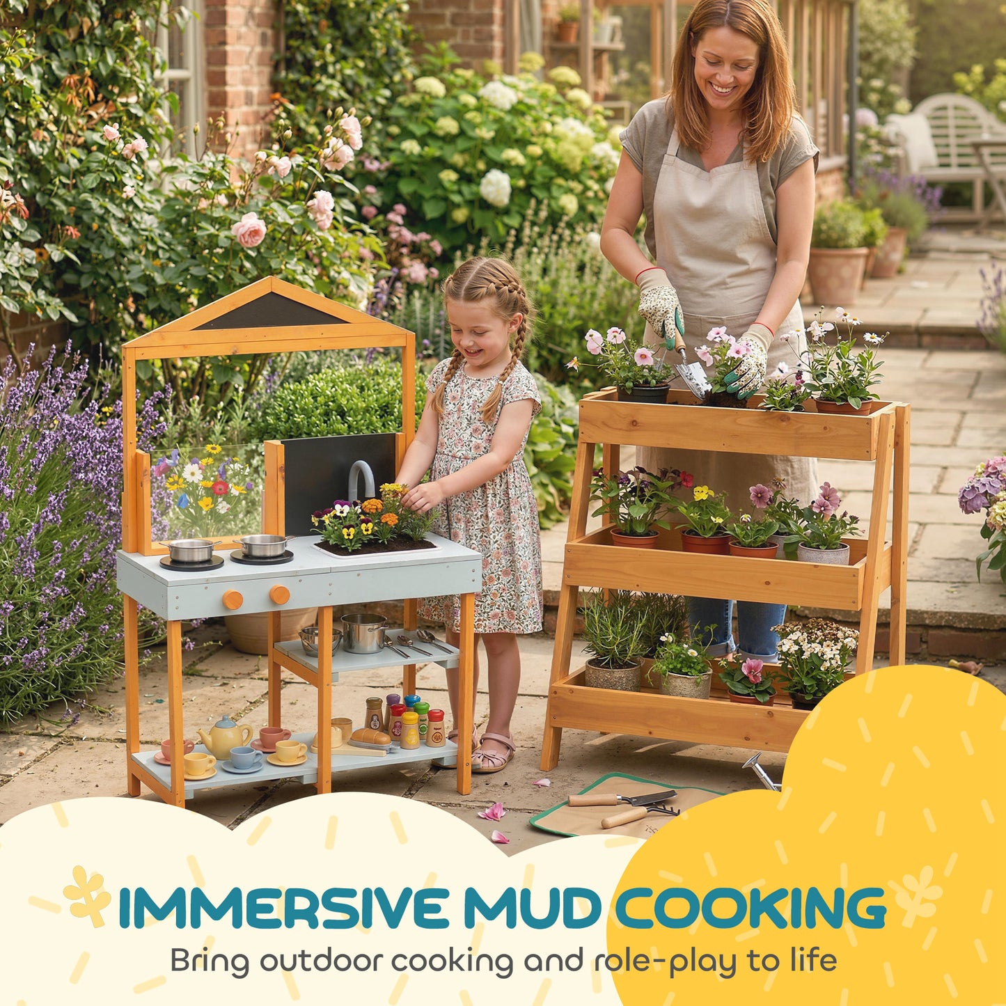 Wooden Mud Kitchen for Kids with Removable Sink, Cookware, Shelves