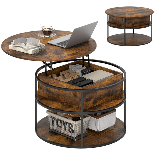 Lift Top Coffee Table, Round Coffee Table with Hidden Storage, Brown