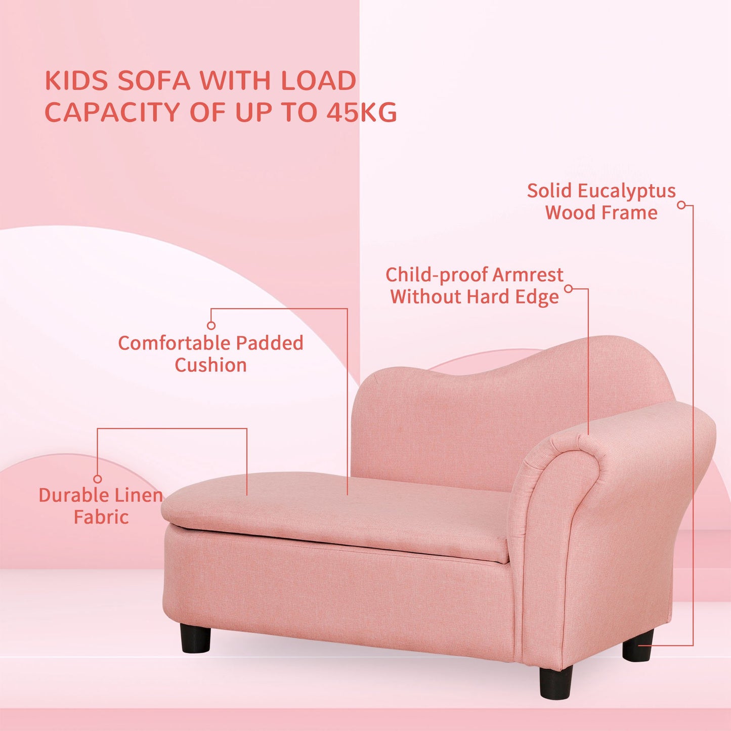 Kids Sofa Couch Toddler Armchair with Storage for Bedroom Pink