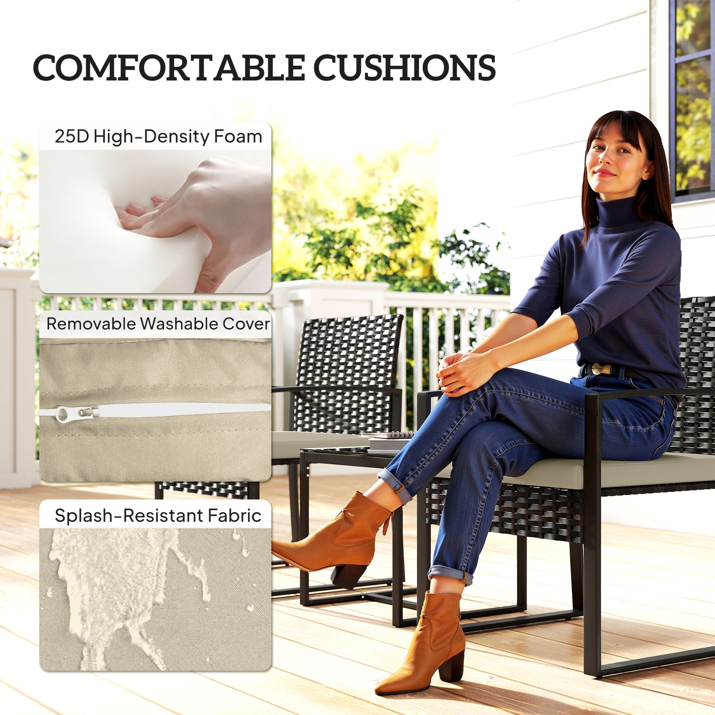 Rattan Bistro Set, 3 PCS Garden Furniture with Cushion, Khaki