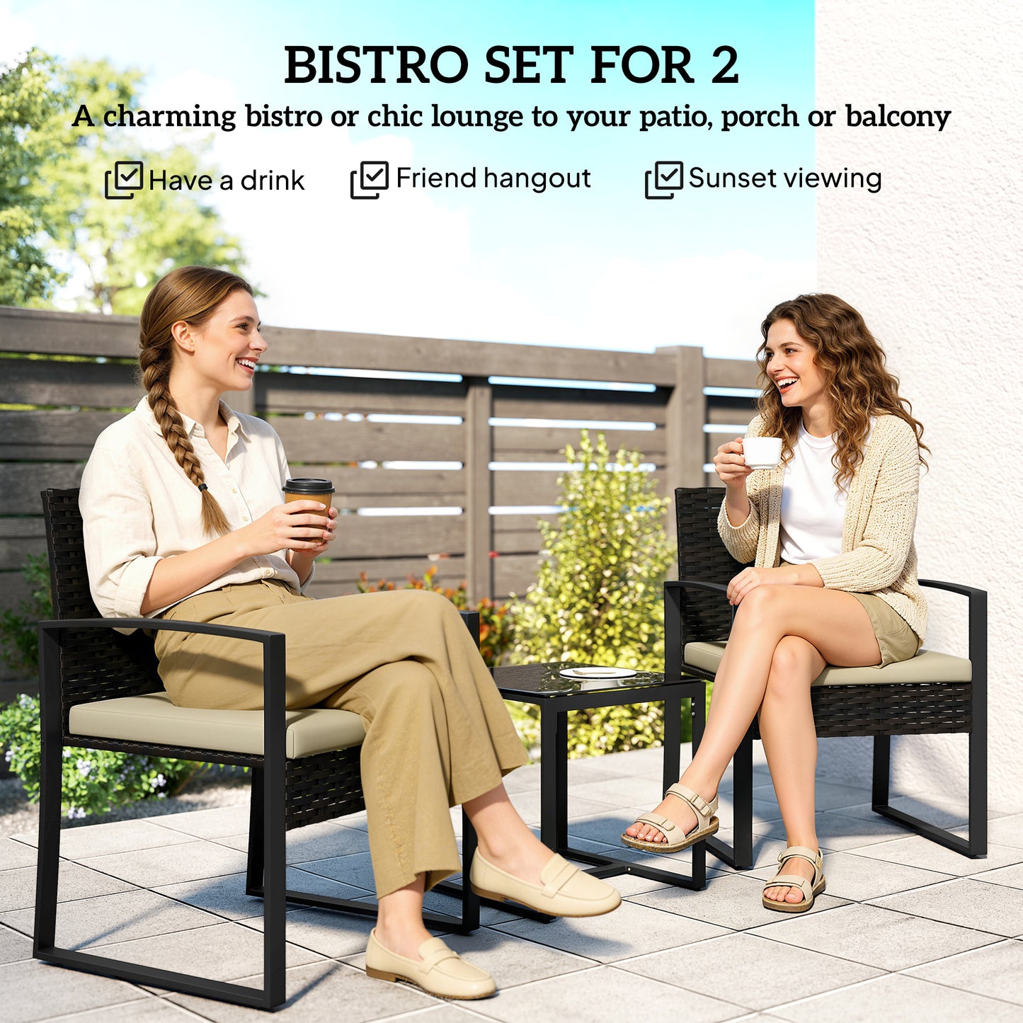 Rattan Bistro Set, 3 PCS Garden Furniture with Cushion, Khaki