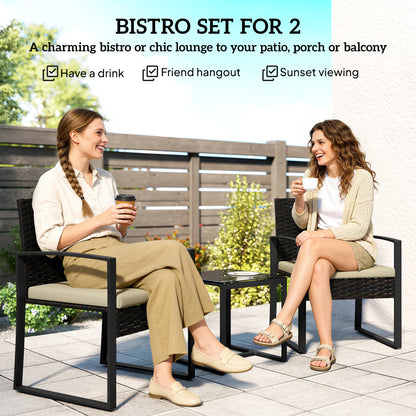 Rattan Bistro Set, 3 PCS Garden Furniture with Cushion, Khaki