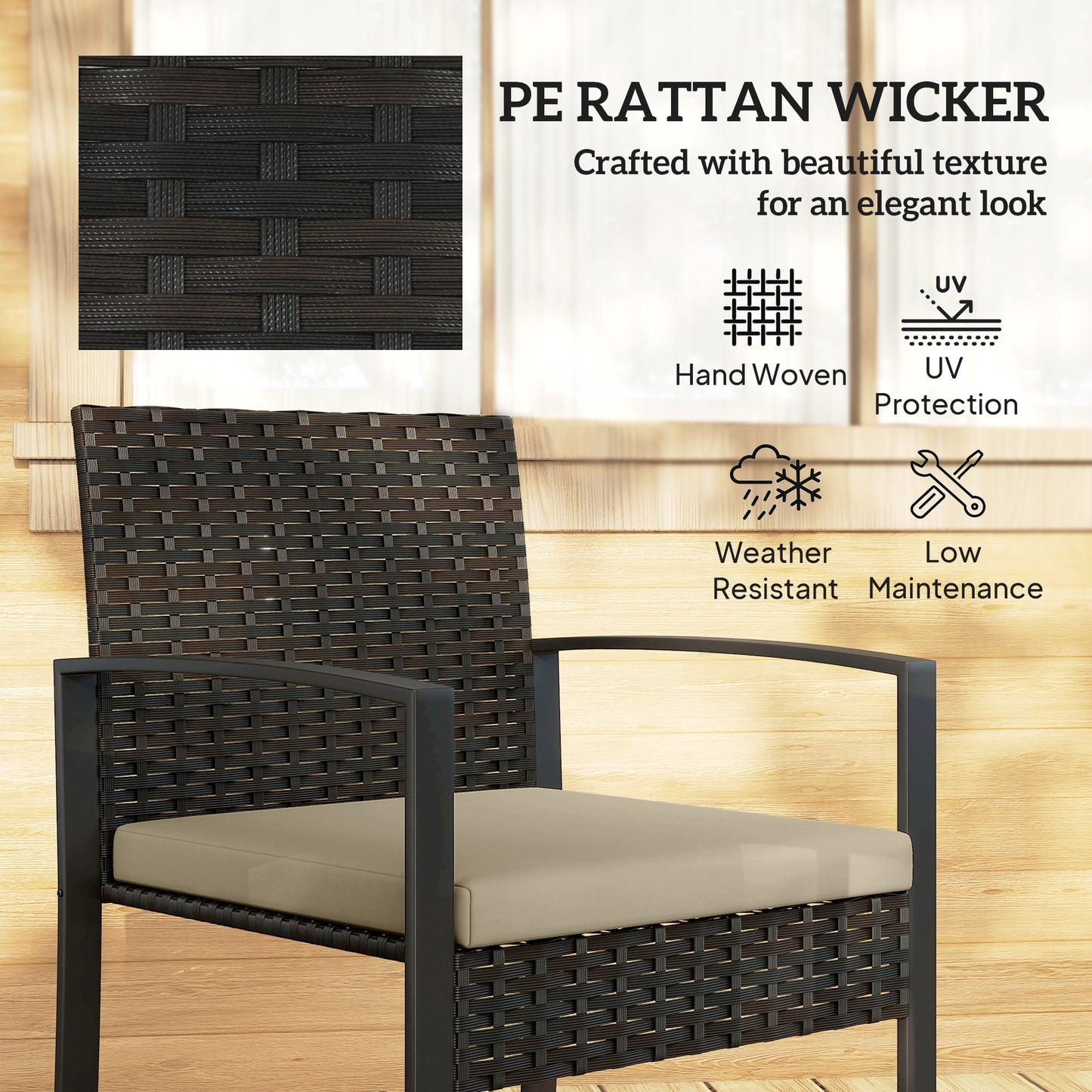 Rattan Bistro Set, 3 PCS Garden Furniture with Cushion, Khaki