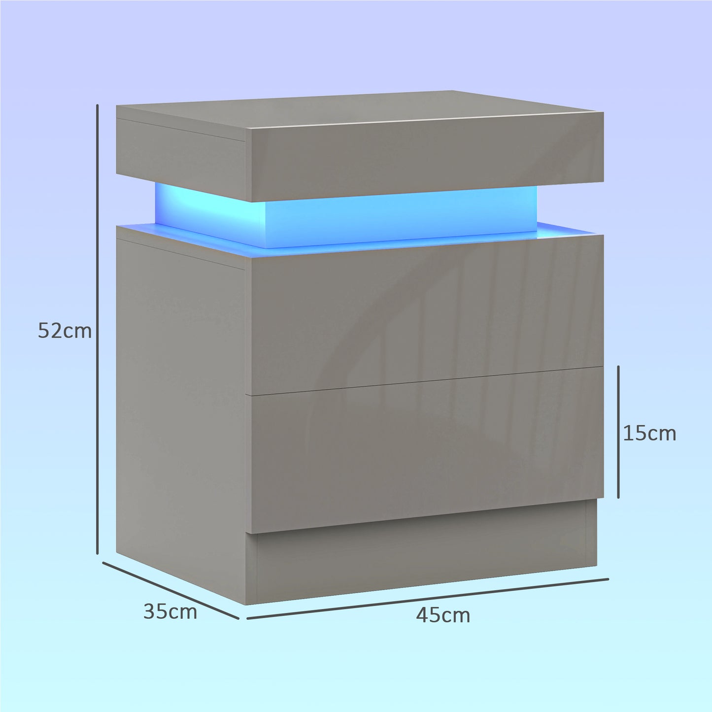 High Gloss Front Bedside Table, APP Control Nightstand with RGB LED Light and 2 Drawers, Chest of Drawers for Bedroom, Living Room, Grey