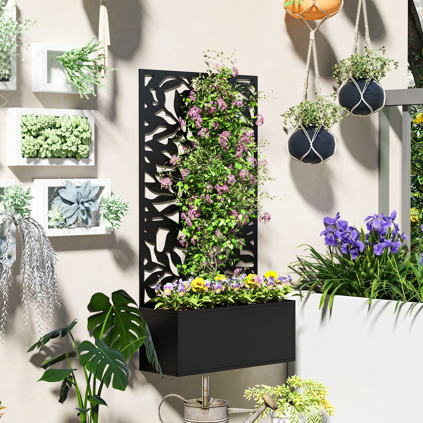 Metal Garden Bed with Trellis, Raised Planter with Privacy Panel