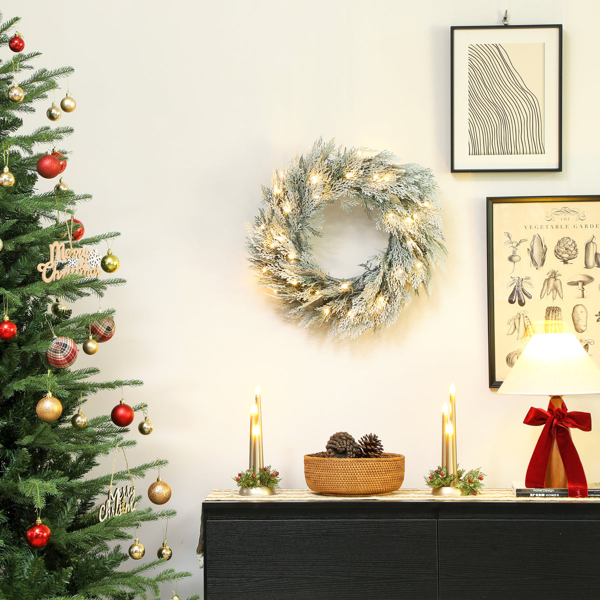 60 cm Prelit Christmas Wreath, Flocked Front Door Wreath with Timer