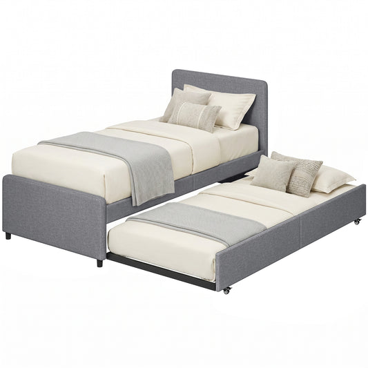 3ft Single Bed Frame with Trundle, Upholstered Pull Out Trundle Bed with Headboard and Footboard for Adults & Teenagers, 90 x 190 cm, No Mattress, Dark Grey