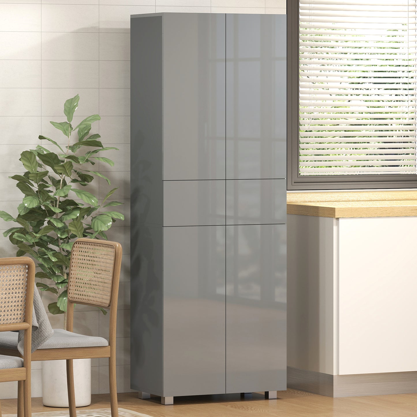 Kitchen Cupboard Storage Cabinet Push Open Doors and Drawers, Grey