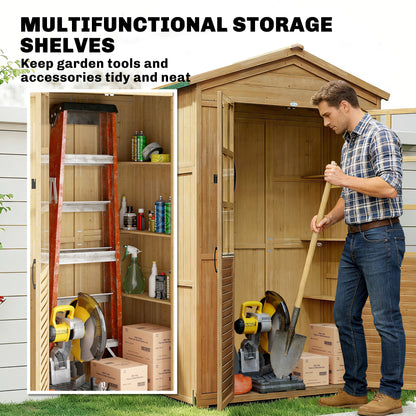 Wooden Small Shed, Garden Tool Shed with Shelves and Acrylic Windows, Tool Storage Cabinet with Asphalt Roof and Lockable Doors for Equipment, Light Brown