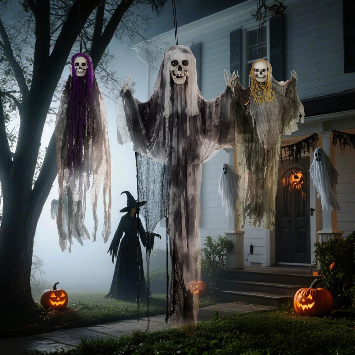 Set of 3 Hanging Skeleton, Flying Ghost Halloween Decorations