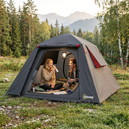 Camping Tent, 2 Man Dome Tent with 2 Doors and 2 Windows, 3000mm Waterproof, with Sewn-in Groundsheet, Carry Bag and Top Hook for Fishing Hiking Festival, Dark Grey & Red