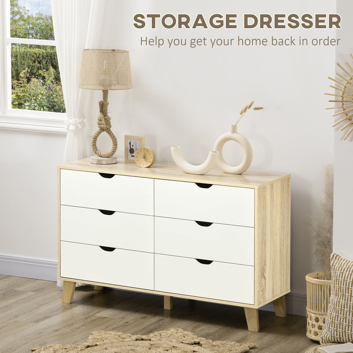 Wide Chest of Drawers, 6-Drawer Storage Organiser Unit with Wood Legs for Bedroom, Living Room, White and Brown