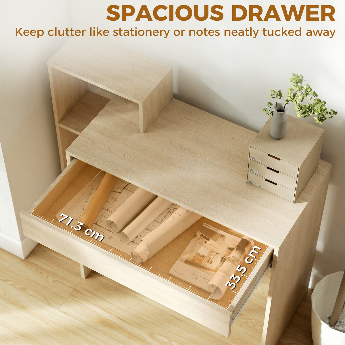 Computer Desk with 3 Open Shelves and Drawer - Natural