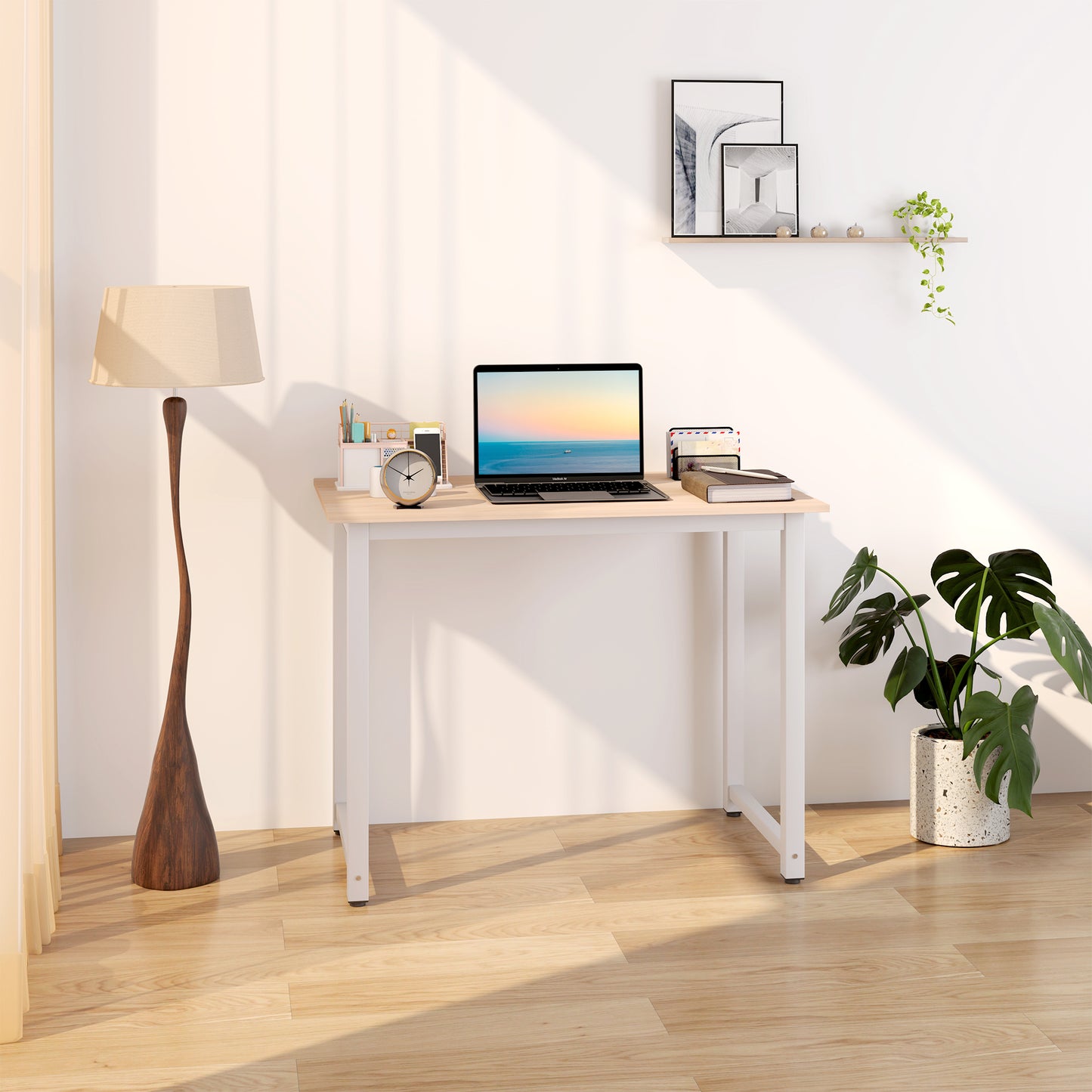 Computer Desk Dining Table Writing Table with Metal Frame, White