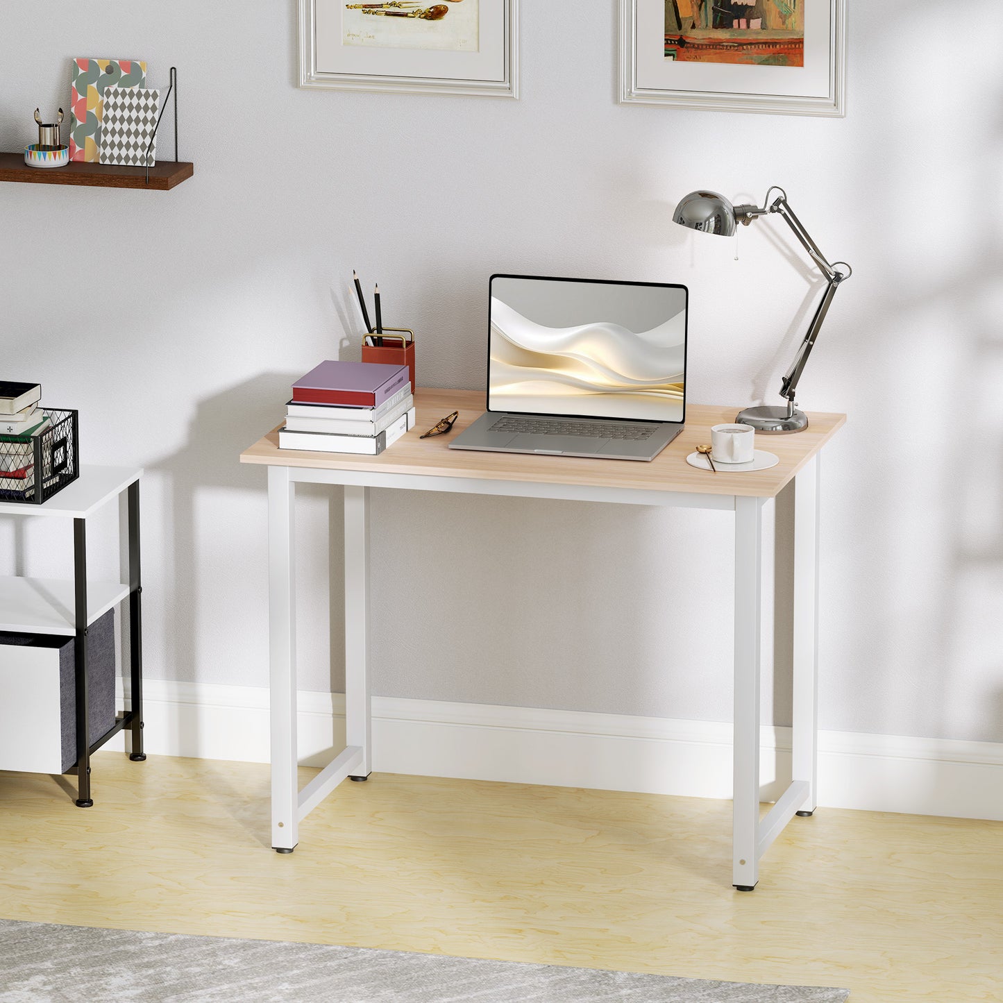 Computer Desk Dining Table Writing Table with Metal Frame, White