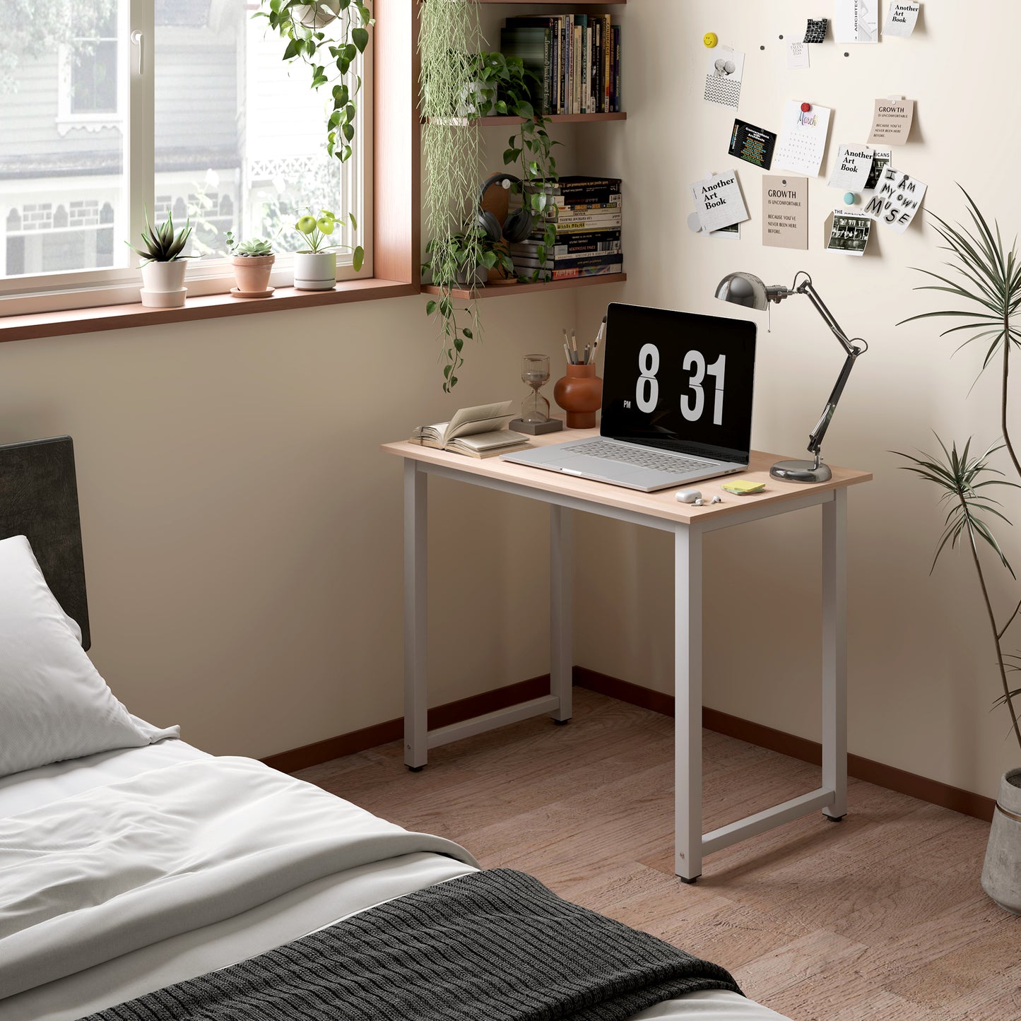 Computer Desk Dining Table Writing Table with Metal Frame, White