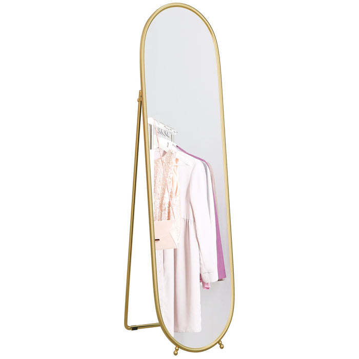 Oval Full Length Mirror with Metal Frame Hanging or Leaning Gold Tone