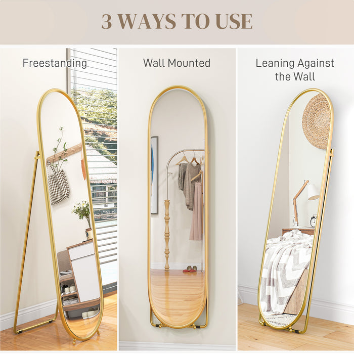 Oval Full Length Mirror with Metal Frame Hanging or Leaning Gold Tone