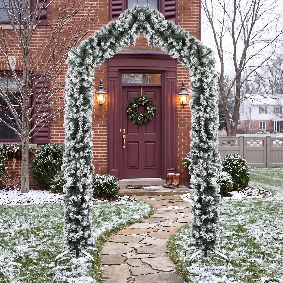 9ft Flocked Snow Christmas Tree Arch with 1400 Branch Tips, Green