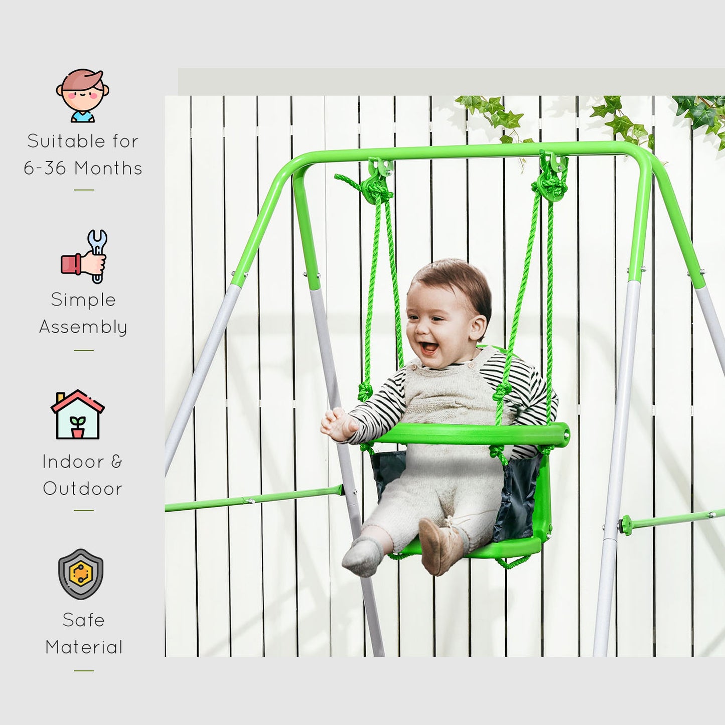 Steel Nursery Swing with Safety Seat Belt Support Back Green