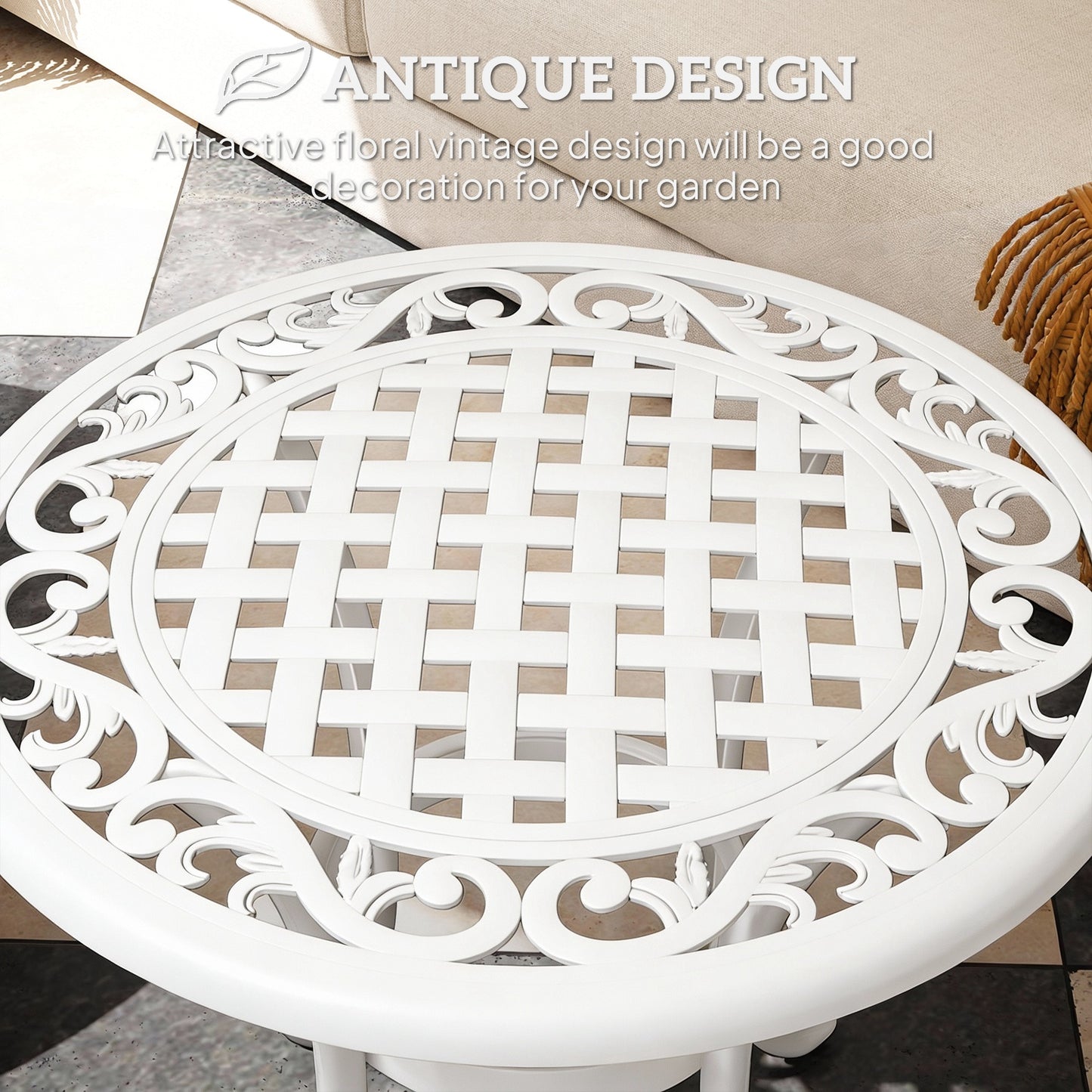 60cm Round Garden Table with Cast Aluminium Frame, White