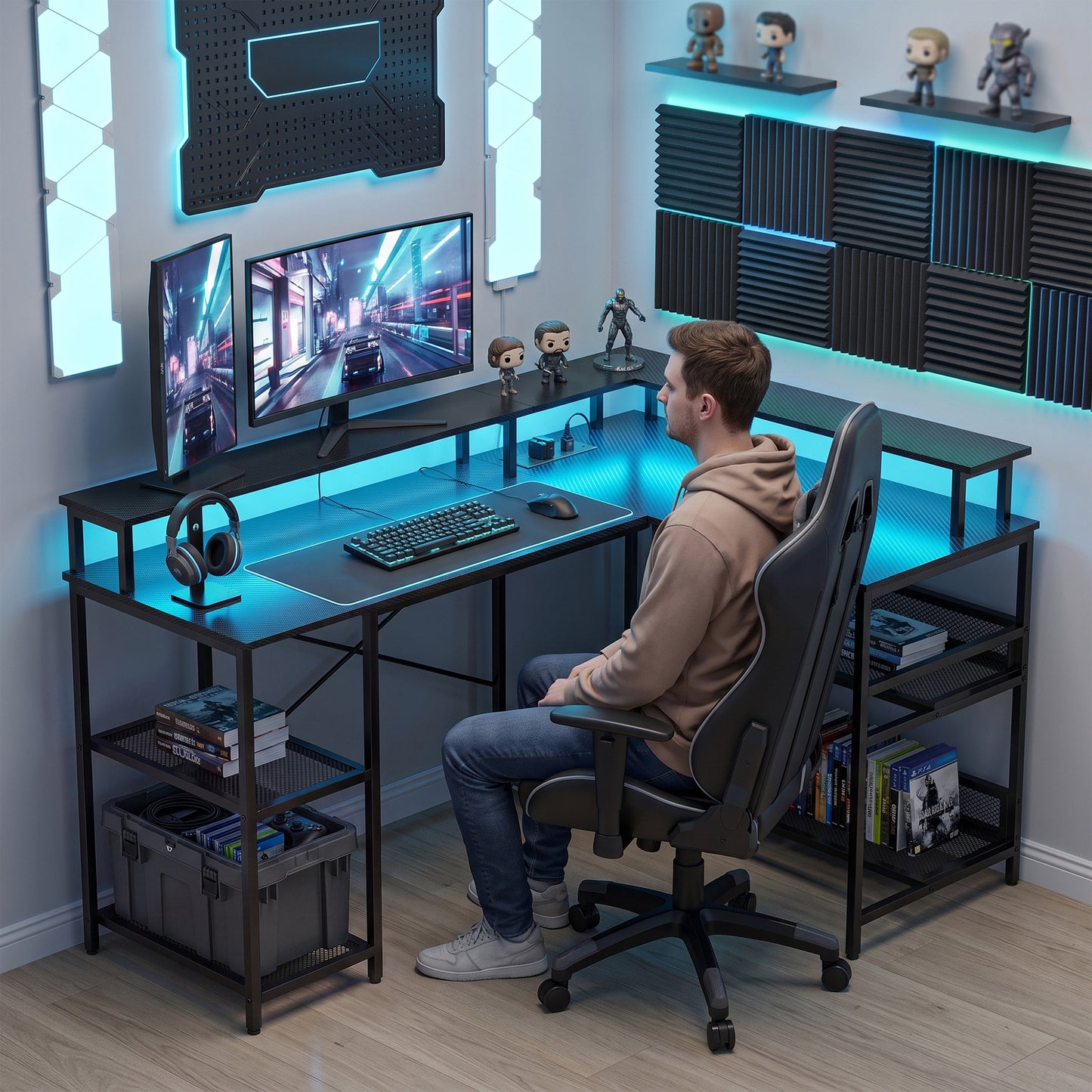 L Shaped Gaming Desk w/ LED Lights and Power Outlets, Black