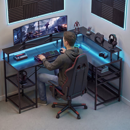 L Shaped Gaming Desk w/ LED Lights and Power Outlets, Black