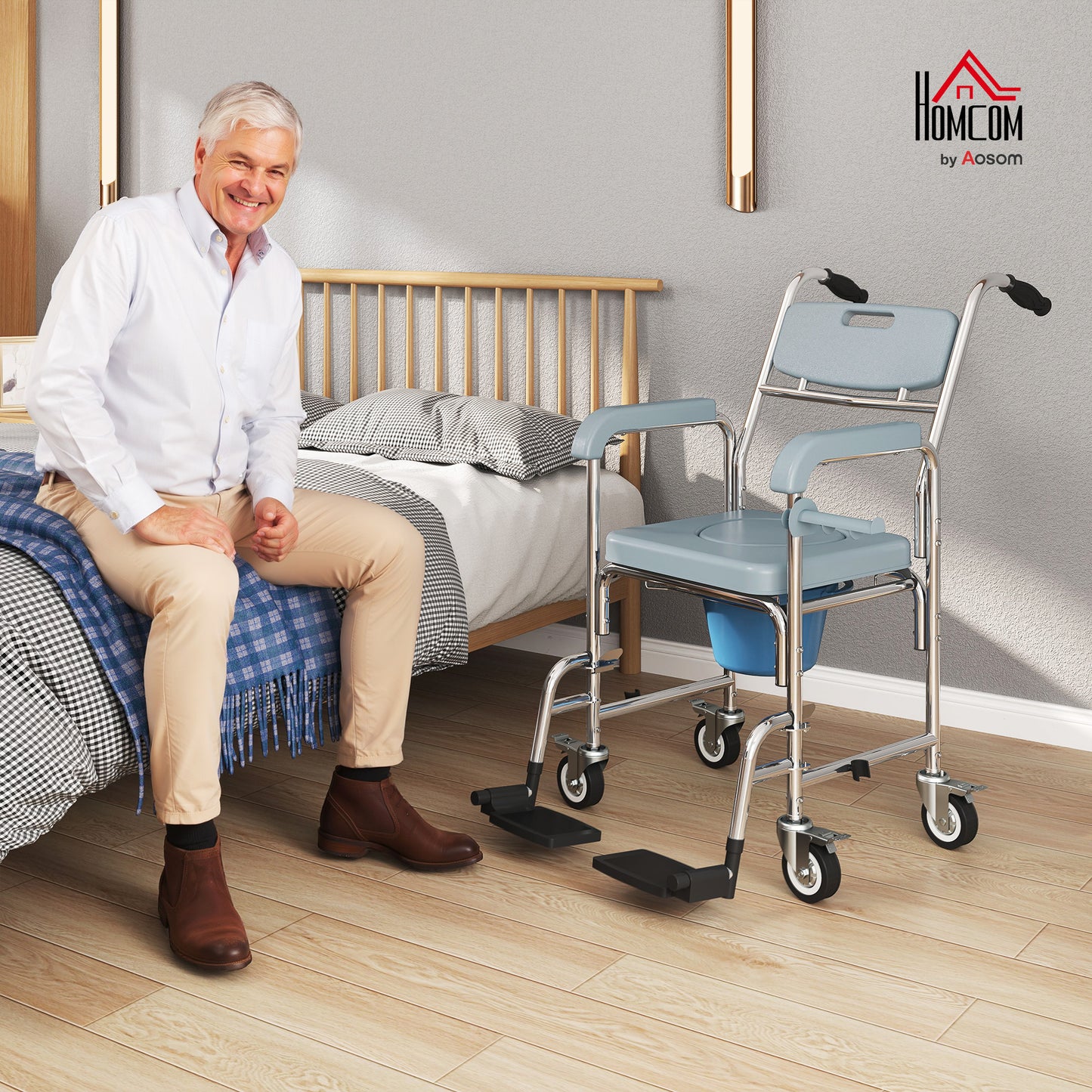 4 in 1 Shower Chair with Wheels, Bedside Commode Wheelchair, Grey