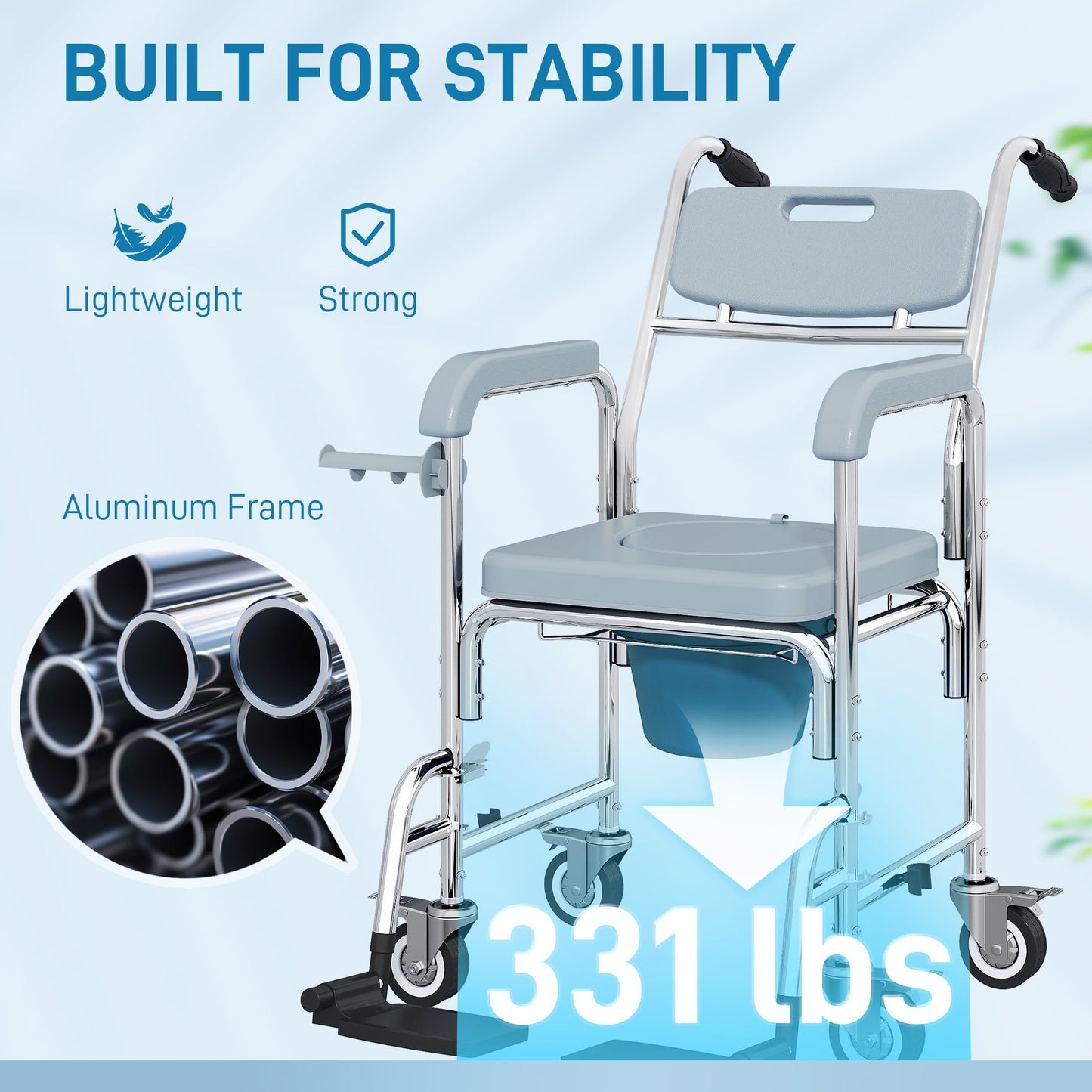 4 in 1 Shower Chair with Wheels, Bedside Commode Wheelchair, Grey