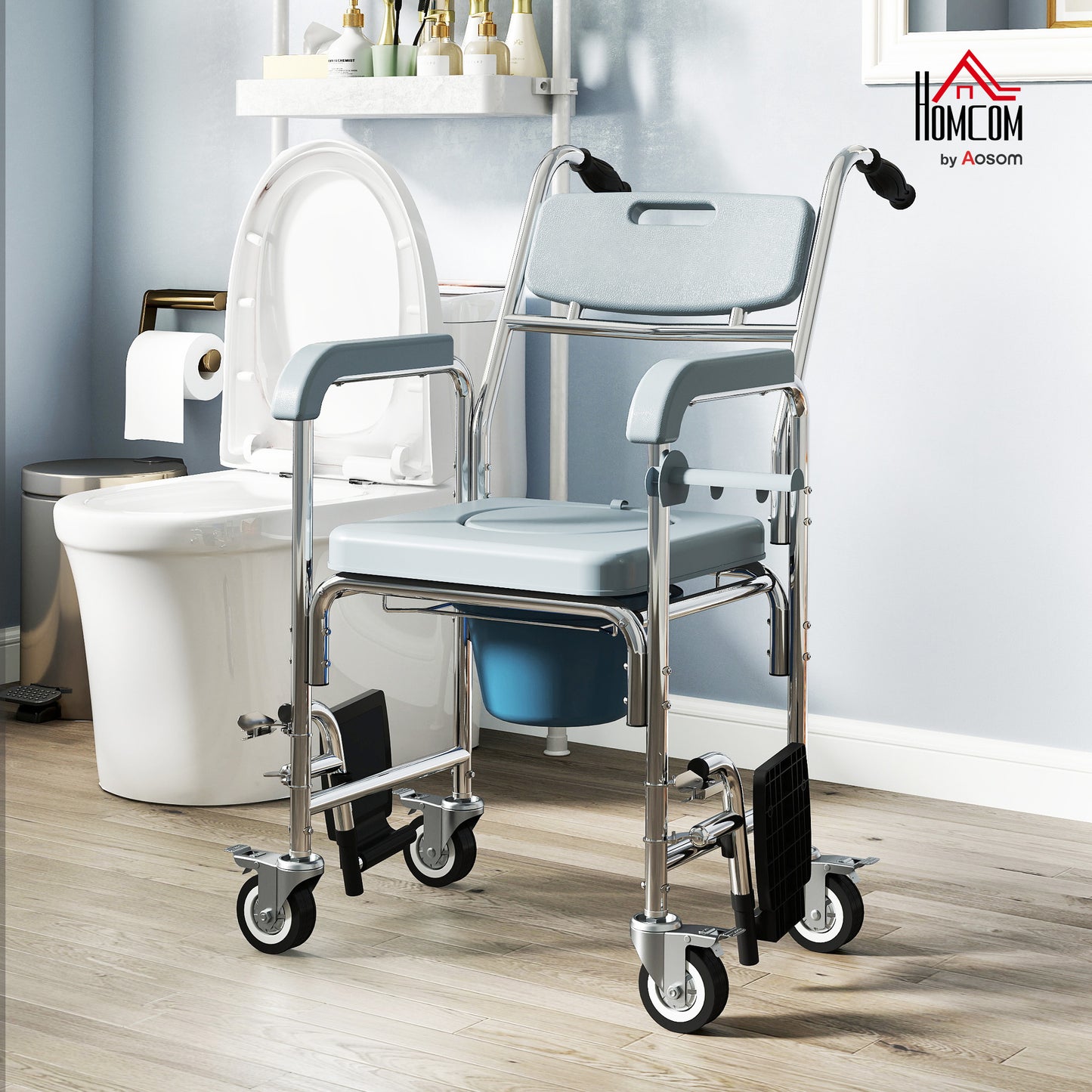 4 in 1 Shower Chair with Wheels, Bedside Commode Wheelchair, Grey