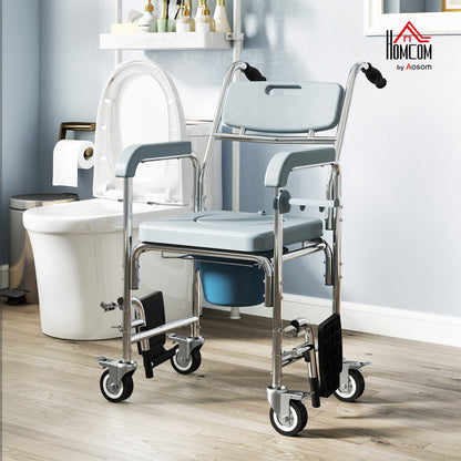 4 in 1 Shower Chair with Wheels, Bedside Commode Wheelchair, Grey