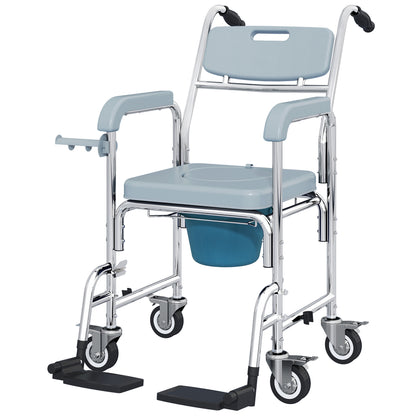 4 in 1 Shower Chair with Wheels, Bedside Commode Wheelchair, Grey